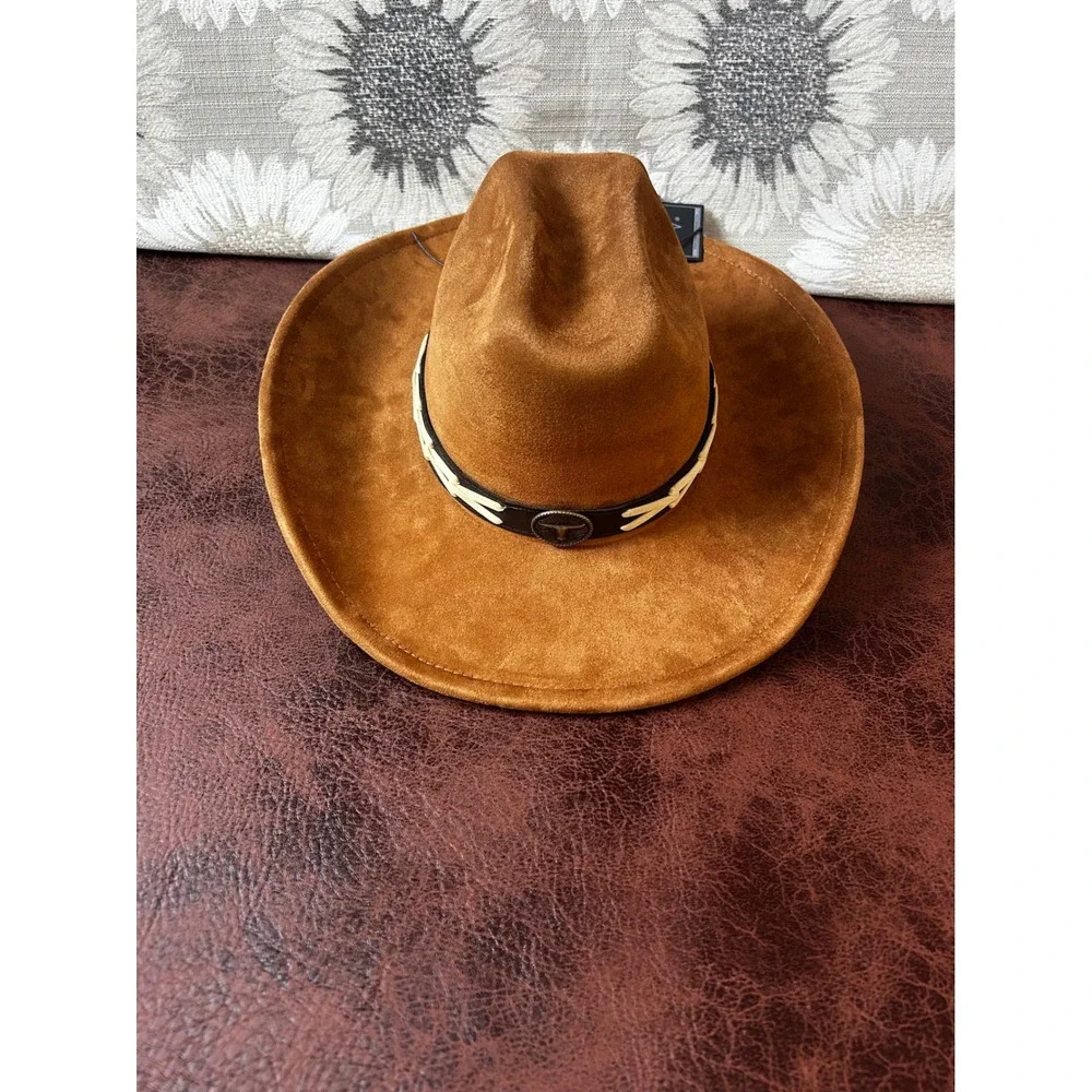 Eighty Eight‎ Brown Faux Suede Cowboy Hat with Bull Concho and Whipstitch